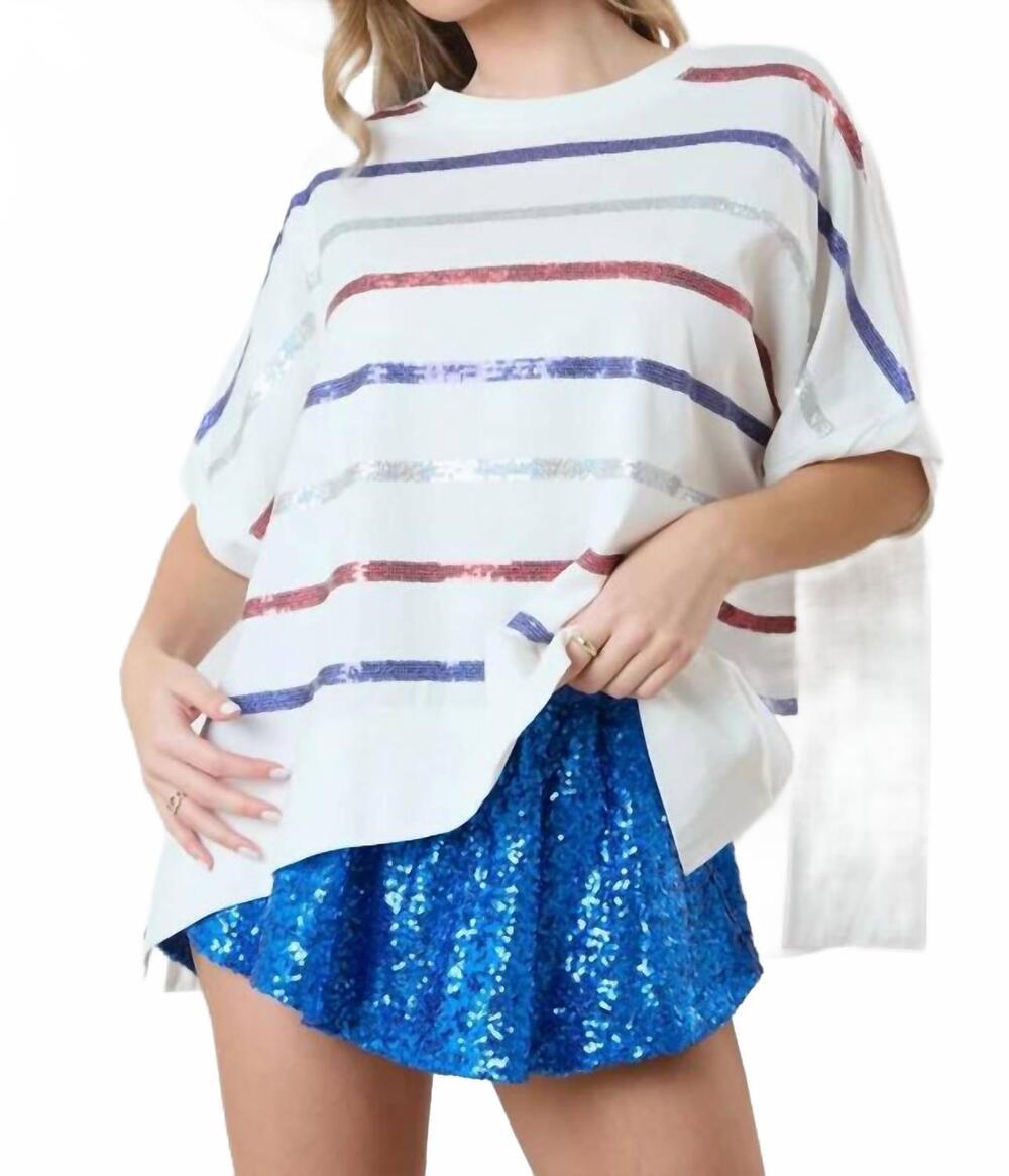 NEW PEACH LOVE scarlett stripe sequin top in white